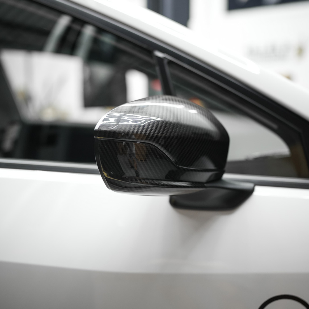 JDMuscle Tanso Dry Carbon Fiber Side Mirror Lower Trim Covers w/ Gloss Finish - Subaru WRX w/o Turn Signal 2022-2025