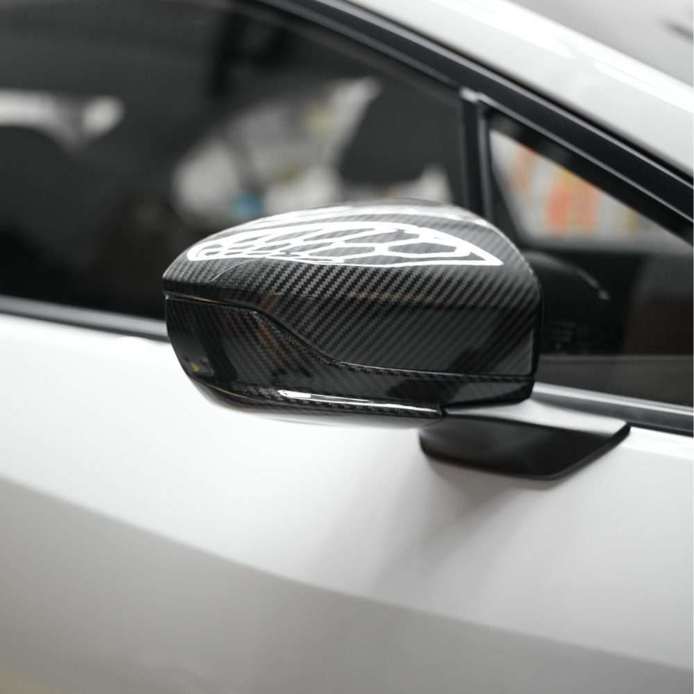 JDMuscle Tanso Dry Carbon Fiber Side Mirror Lower Trim Covers w/ Gloss Finish - Subaru WRX w/o Turn Signal 2022-2025