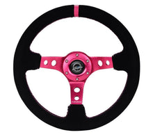 Load image into Gallery viewer, NRG Reinforced Steering Wheel (350mm/ 3in. Deep) Black Suede/ Fushia Center Mark/ Fushia Stitching