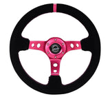NRG Reinforced Steering Wheel (350mm/ 3in. Deep) Black Suede/ Fushia Center Mark/ Fushia Stitching