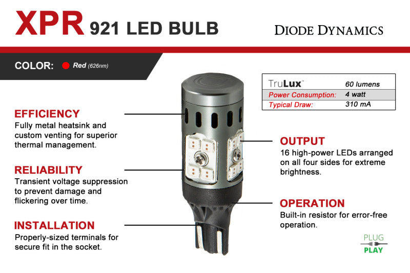 Diode Dynamics 921 XPR Brake Light LED Bulb [Red; Pair] - Universal