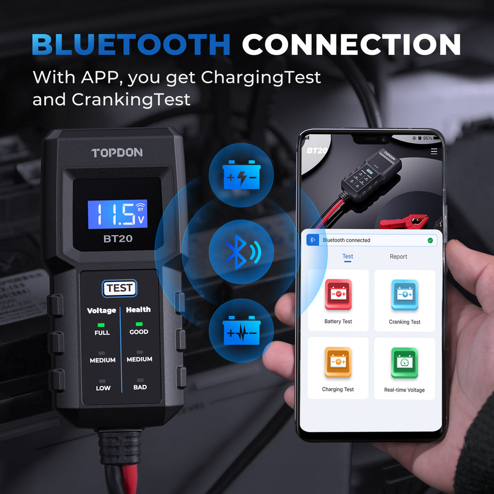 TOPDON BT20 Battery Load/Voltage Tester, Cranking & Charging Test w/ App