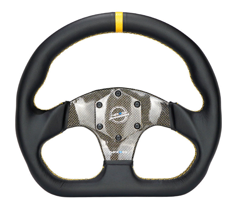 NRG 320mm Carbon Fiber Flat Bottom Steering Wheel (Yellow CF Center w/Yellow Stitch/Yellow Mark) - Universal
