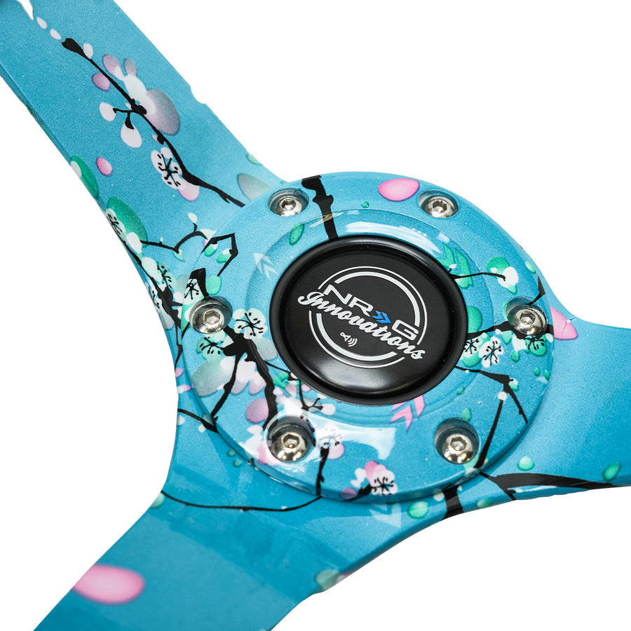 NRG Reinforced Suede Steering Wheel (350mm / 3in. Deep) Hydro Dipped Blossom Floral w/ Teal Stitch - Universal