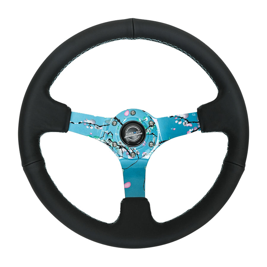 NRG Reinforced Suede Steering Wheel (350mm / 3in. Deep) Hydro Dipped Blossom Floral w/ Teal Stitch - Universal