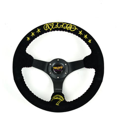 NRG Reinforced Black Perforated Leather Steering Wheel 350mm / 3in Deep w/ NVR Embroidery