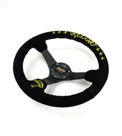 NRG Reinforced Black Perforated Leather Steering Wheel 350mm / 3in Deep w/ NVR Embroidery