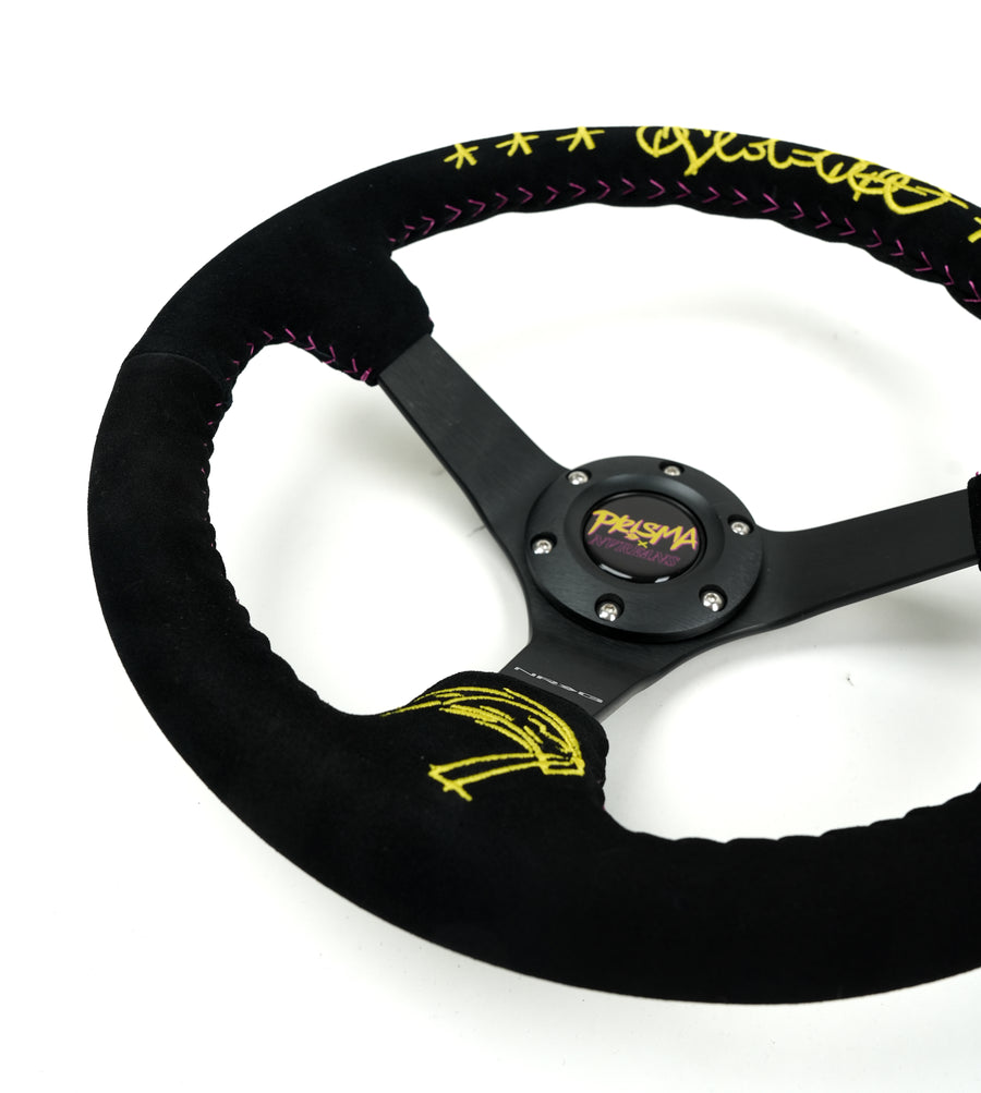 NRG Reinforced Black Perforated Leather Steering Wheel 350mm / 3in Deep w/ NVR Embroidery