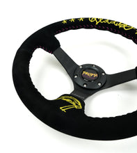 Load image into Gallery viewer, NRG Reinforced Black Perforated Leather Steering Wheel 350mm / 3in Deep w/ NVR Embroidery