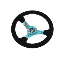 Load image into Gallery viewer, NRG Reinforced Suede Steering Wheel (350mm / 3in. Deep) Hydro Dipped Blossom Floral w/ Teal Stitch - Universal