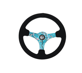 NRG Reinforced Suede Steering Wheel (350mm / 3in. Deep) Hydro Dipped Blossom Floral w/ Teal Stitch - Universal