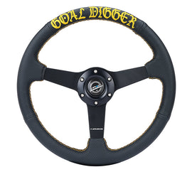 NRG Reinforced Black Perforated Leather Steering Wheel 350mm / 1.5in Deep w/ Goal Digger Blk Stitch