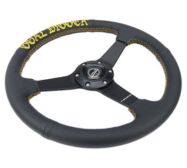 NRG Reinforced Black Perforated Leather Steering Wheel 350mm / 1.5in Deep w/ Goal Digger Blk Stitch