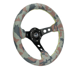 NRG Reinforced Steering Wheel (350mm / 3in. Deep) Camo Suede Mark w/ Neon Grn stitching & Blk Spoke