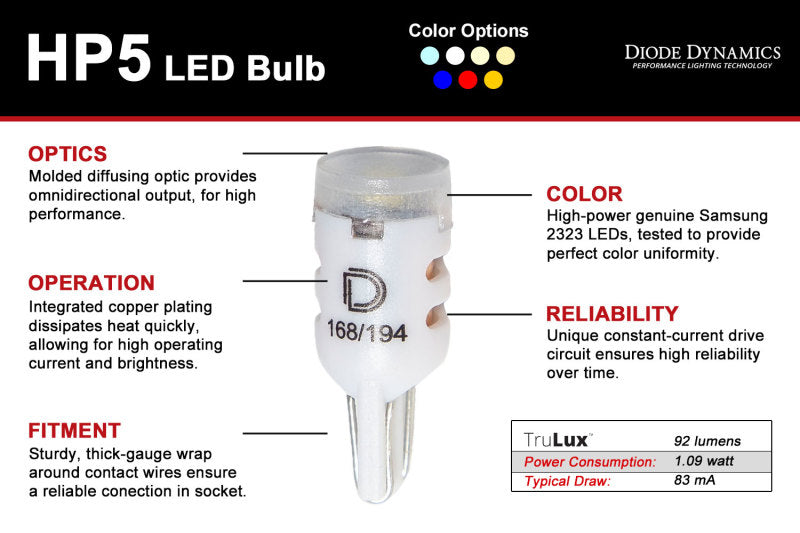 Diode Dynamics 194 LED Bulb HP5 LED [Short Pure White; Pair] - Universal