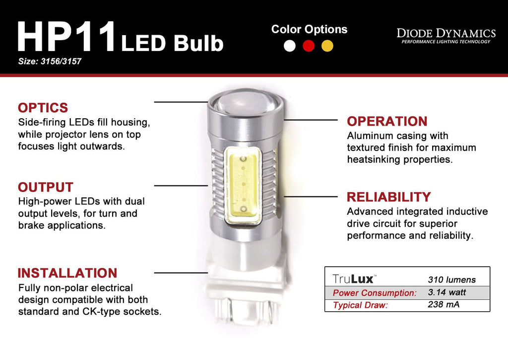 Diode Dynamics 3157 HP11 Cool White Backup LED Bulbs (Single) - Chevrolet Volt 2011-2015 & Ford Mustang 2015-2023