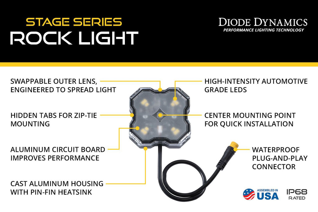 Diode Dynamics Stage Series Single-Color LED Rock Light Kit (8-pack) w/o Magnet Mounts - Universal Fitment