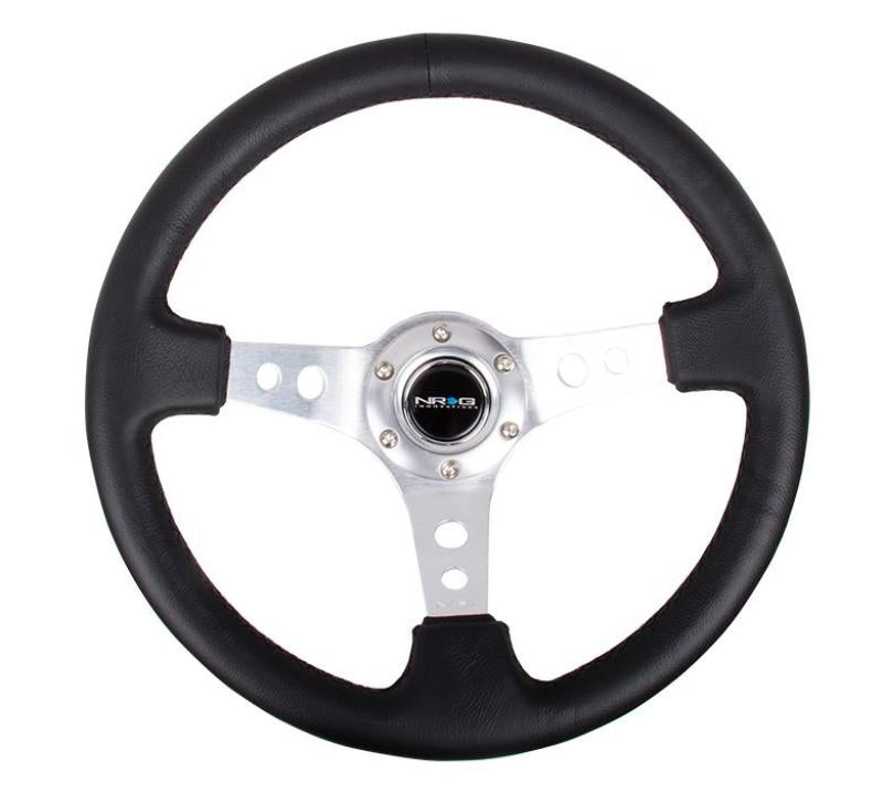 NRG Reinforced Steering Wheel (350mm / 3in. Deep) Blk Leather w/Silver Spoke & Circle Cutouts