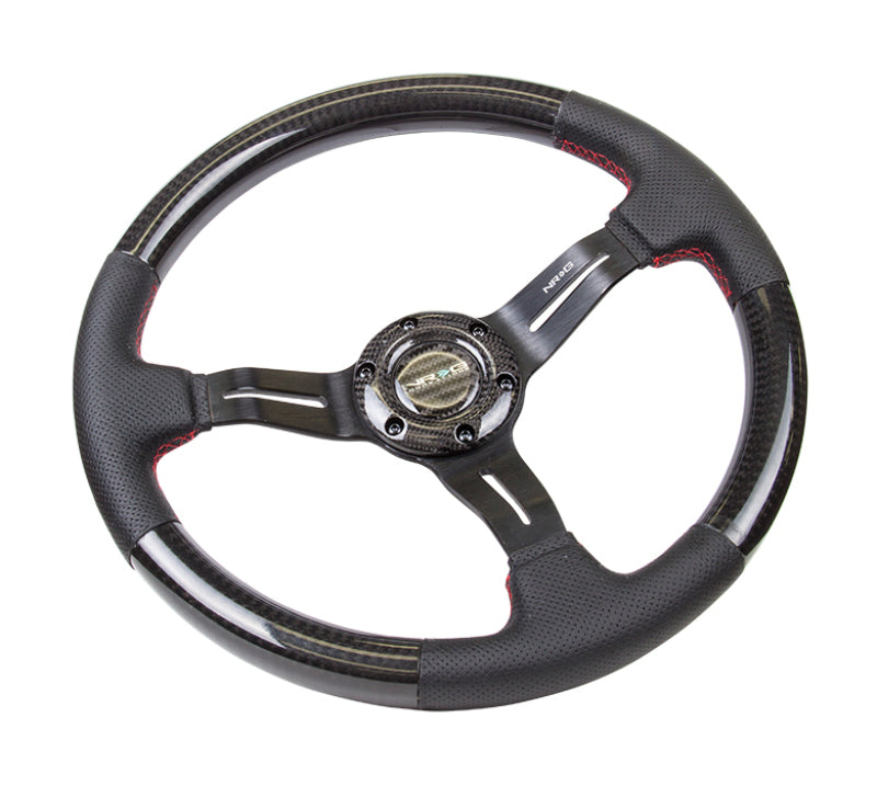 NRG Carbon Fiber Steering Wheel (350mm /1.5in. Deep) Leather Trim w/Red Stitch & Slit Cutout Spokes
