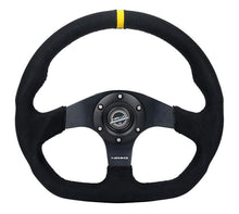 Load image into Gallery viewer, NRG Reinforced Steering Wheel (320mm) Sport Alcantara Dual Push Buttons Flat Bottom w/Yellow Center