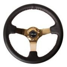 Load image into Gallery viewer, NRG Reinforced Steering Wheel (3in Deep / 4mm) 350mm Blk Leather w/Red BBall Stitch &amp; Gold Spoke