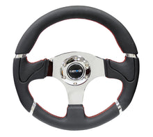 Load image into Gallery viewer, NRG Reinforced Steering Wheel (320mm) Blk Leather/Red Stitching w/Chrome 3-Spoke Center