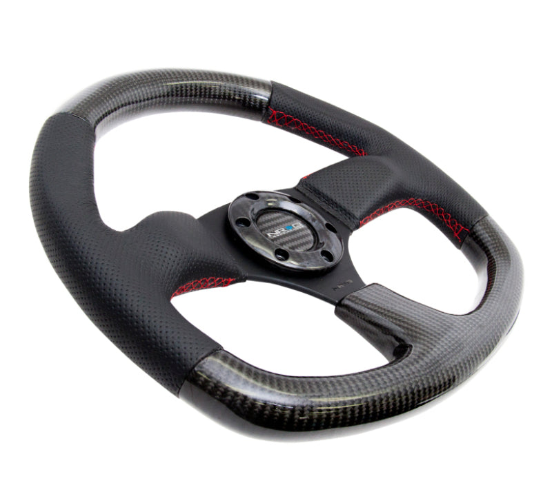 NRG Carbon Fiber Steering Wheel (320mm) Flat Bottom & Leather Trim w/Red Stitching