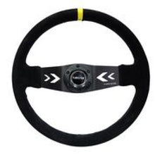Load image into Gallery viewer, NRG Reinforced Steering Wheel (350mm / 3in. Deep) Blk Suede w/NRG Arrow Cut 2-Spoke &amp; Yellow Mark
