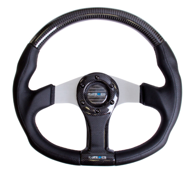 NRG Carbon Fiber Steering Wheel (350mm) Silver Oval Shape w/Leather Trim