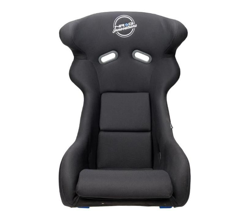 NRG FRP Bucket Seat - White Finish with Arrow Embroidery And Blue Side Mount Bracket
