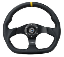 Load image into Gallery viewer, NRG Reinforced Steering Wheel (320mm) Sport Leather Dual Push Buttons Flat Bottom w/ Yellow Center