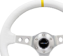 Load image into Gallery viewer, NRG Reinforced Steering Wheel (350mm / 3in. Deep) Wht Leather w/Silver Spoke &amp; Single Yellow Mark