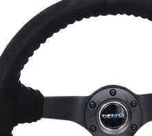Load image into Gallery viewer, NRG Reinforced Steering Wheel (350mm / 3in. Deep) Blk Suede/Red BBall Stitch w/5mm Matte Blk Spokes
