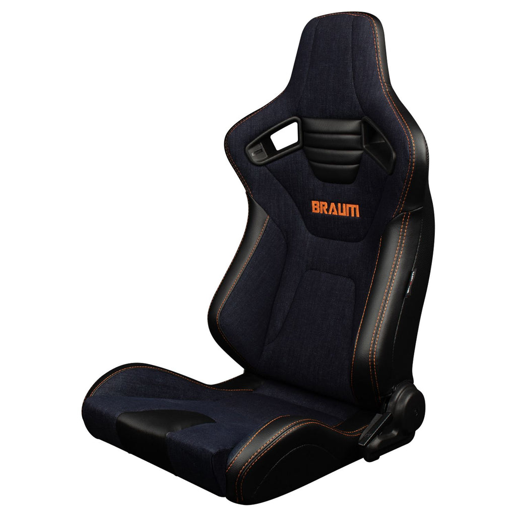 Braum Racing ELITE-X Series Racing Seats (Pair; Navy Denim / Orange Stitching)