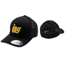 Load image into Gallery viewer, IAG Flexfit Trucker Hat with Gold Script.