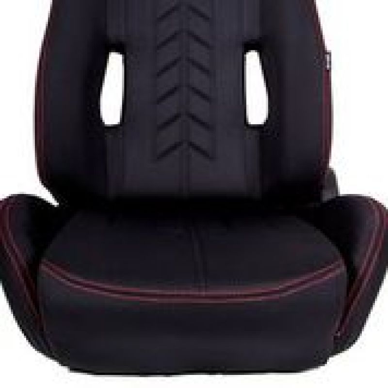 NRG Sport Seats (Pair) Cloth w/NRG Logo & NRG Arrow Cushion Imprint - Black w/Red Stitch