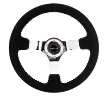 Load image into Gallery viewer, NRG Reinforced Steering Wheel (350mm / 3in. Deep) Blk Suede w/Red BBall Stitch &amp; Chrome 3-Spoke