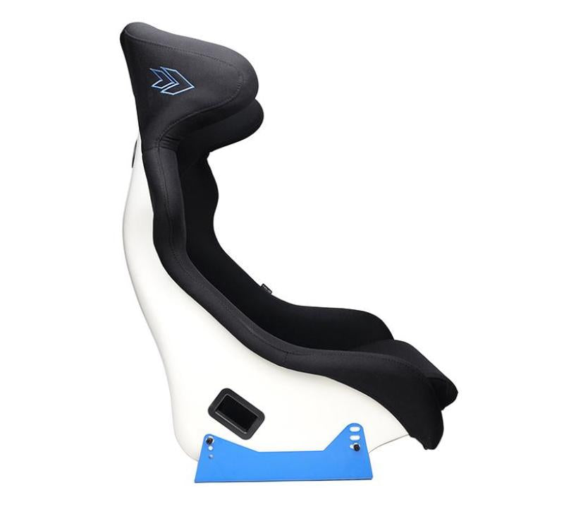 NRG FRP Bucket Seat - White Finish with Arrow Embroidery And Blue Side Mount Bracket