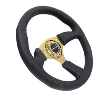 Load image into Gallery viewer, NRG Reinforced Steering Wheel (350mm / 2.5in. Deep) Leather Race Comfort Grip w/4mm Gold Spokes