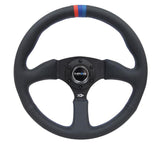NRG Reinforced Steering Wheel (350mm / 2.5in Deep) Blk Leather w/M3 stitch Matte Blk 3-Spoke Center