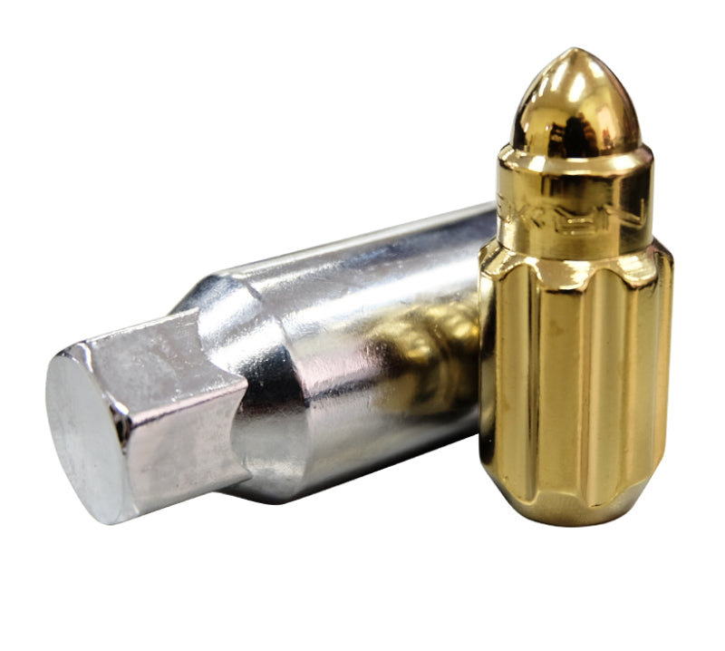 NRG 500 Series M12 X 1.5 Bullet Shape Steel Lug Nut Set - 21 Pc w/Lock Key - Chrome Gold