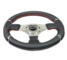 Load image into Gallery viewer, NRG Reinforced Steering Wheel (320mm) Blk Leather/Red Stitching w/Chrome 3-Spoke Center