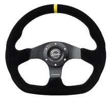 Load image into Gallery viewer, NRG Reinforced Steering Wheel (320mm) Sport Suede Dual Push Buttons Flat Bottom w/ Yellow Center